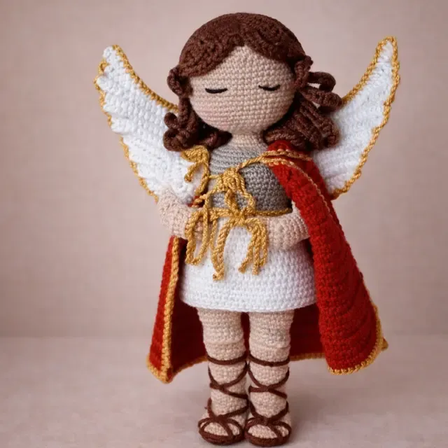 Anjo de amigurumi com asas brancas e capa vermelha, estilo arcanjo