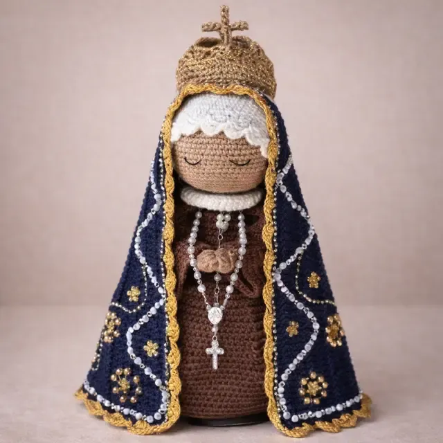 Santo Bento em amigurumi com halo dourado e crucifixo