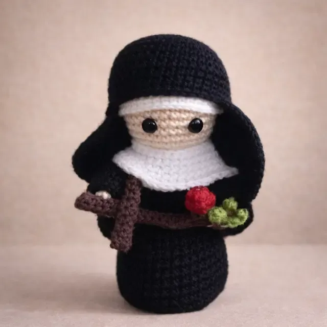 Freira santinha com hábito preto e rosas