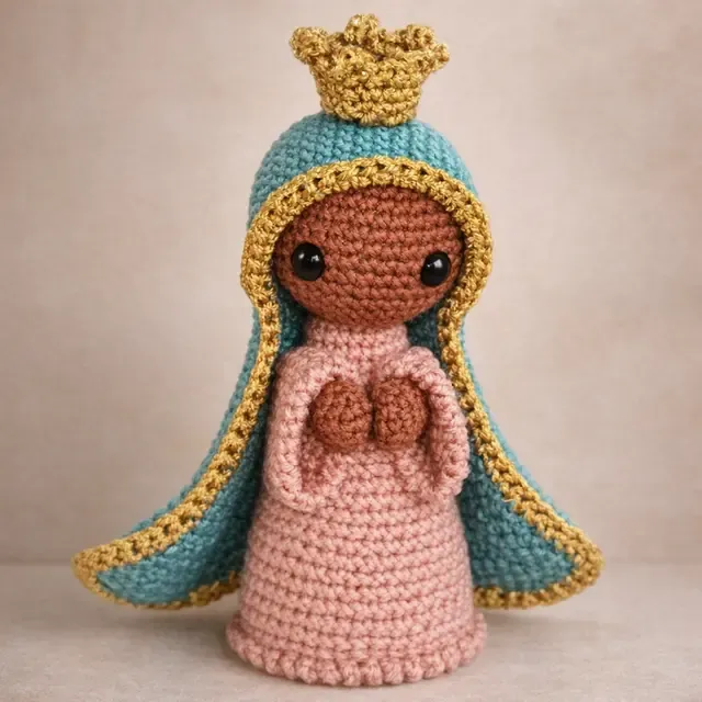 Maria amigurumi com cabelos cacheados e manto azul e rosa