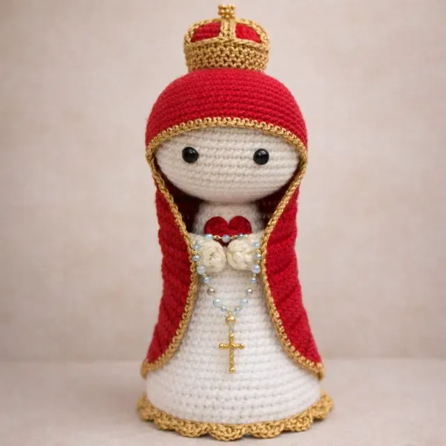 Nossa Senhora com manto vermelho, coroa dourada e terço