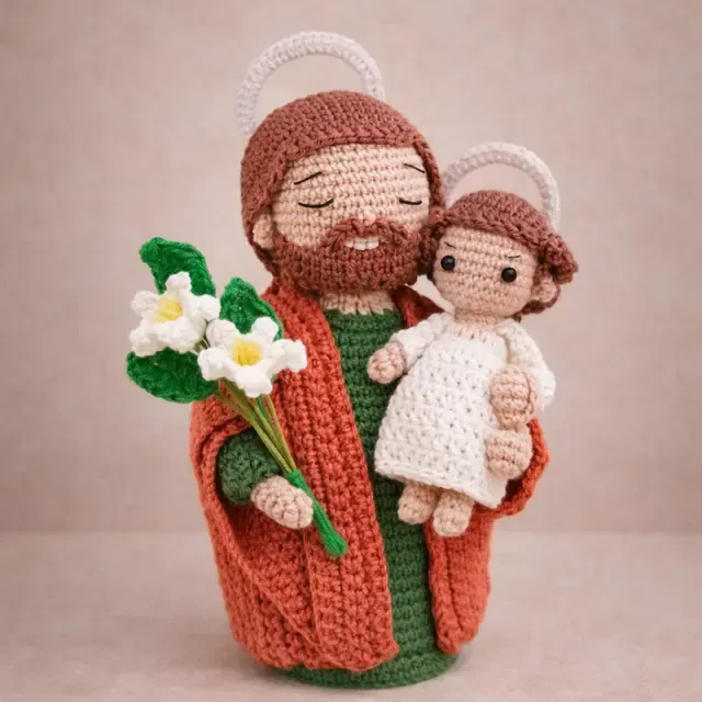 São José com Menino Jesus e lírios brancos em amigurumi