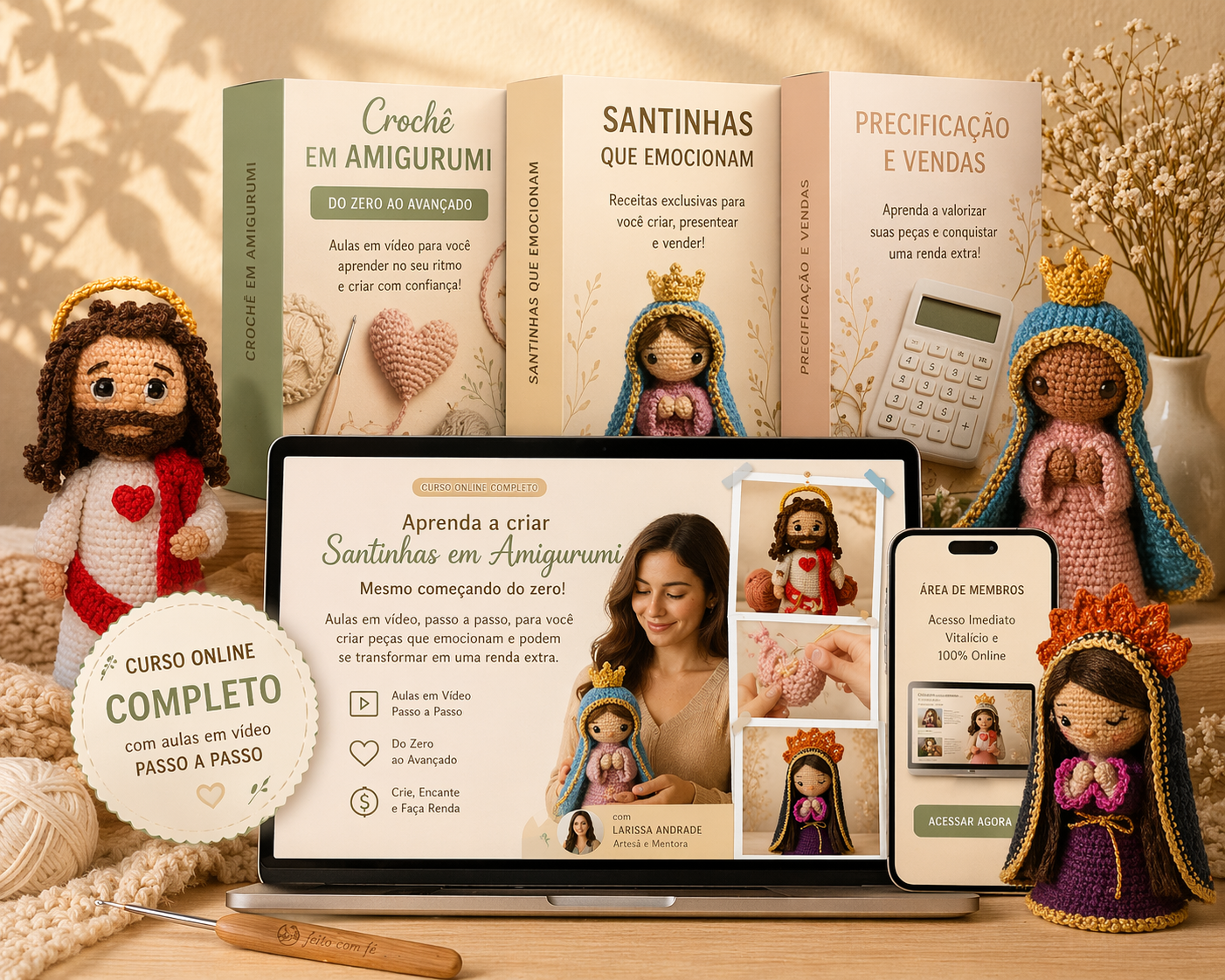 Mockup do curso de amigurumi religioso com módulos e área de membros