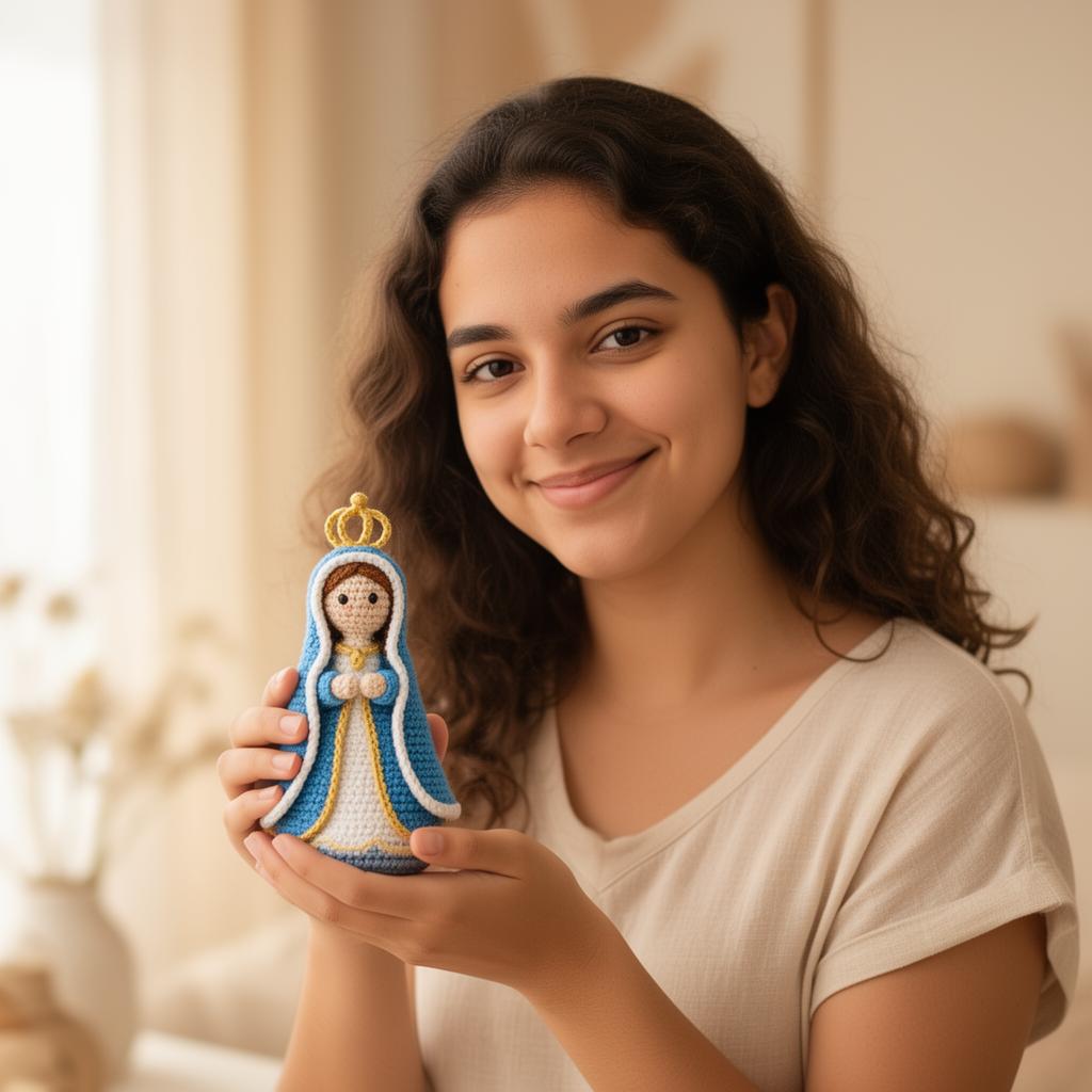 Mulher segurando uma santinha de amigurumi feita em crochê